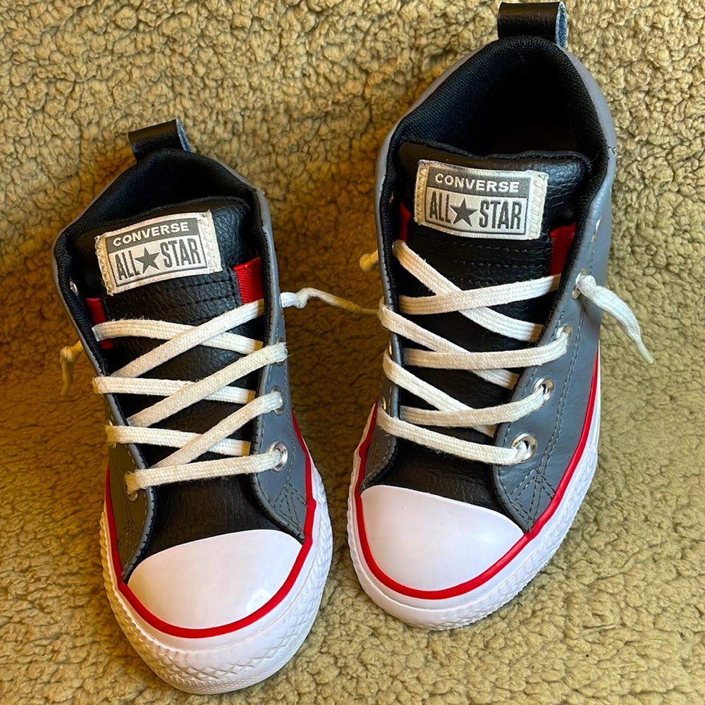 Leather Grey, and White Converse